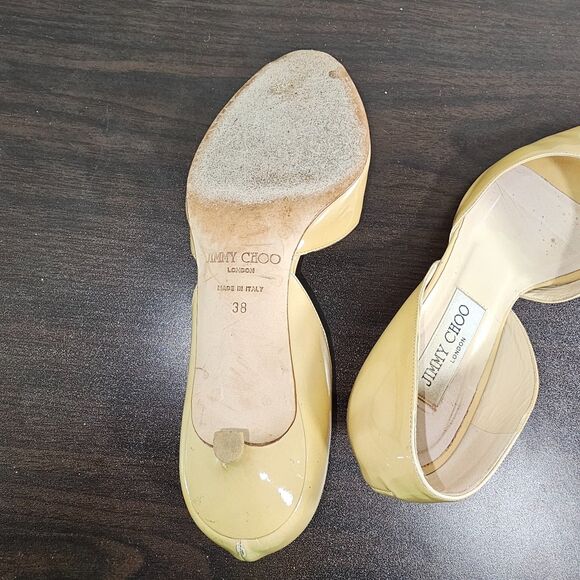 Jimmy Choo Peakaboo Gold Patent Leather Pumps Kitten Heels Womens Size 38 Work - Picture 9 of 12